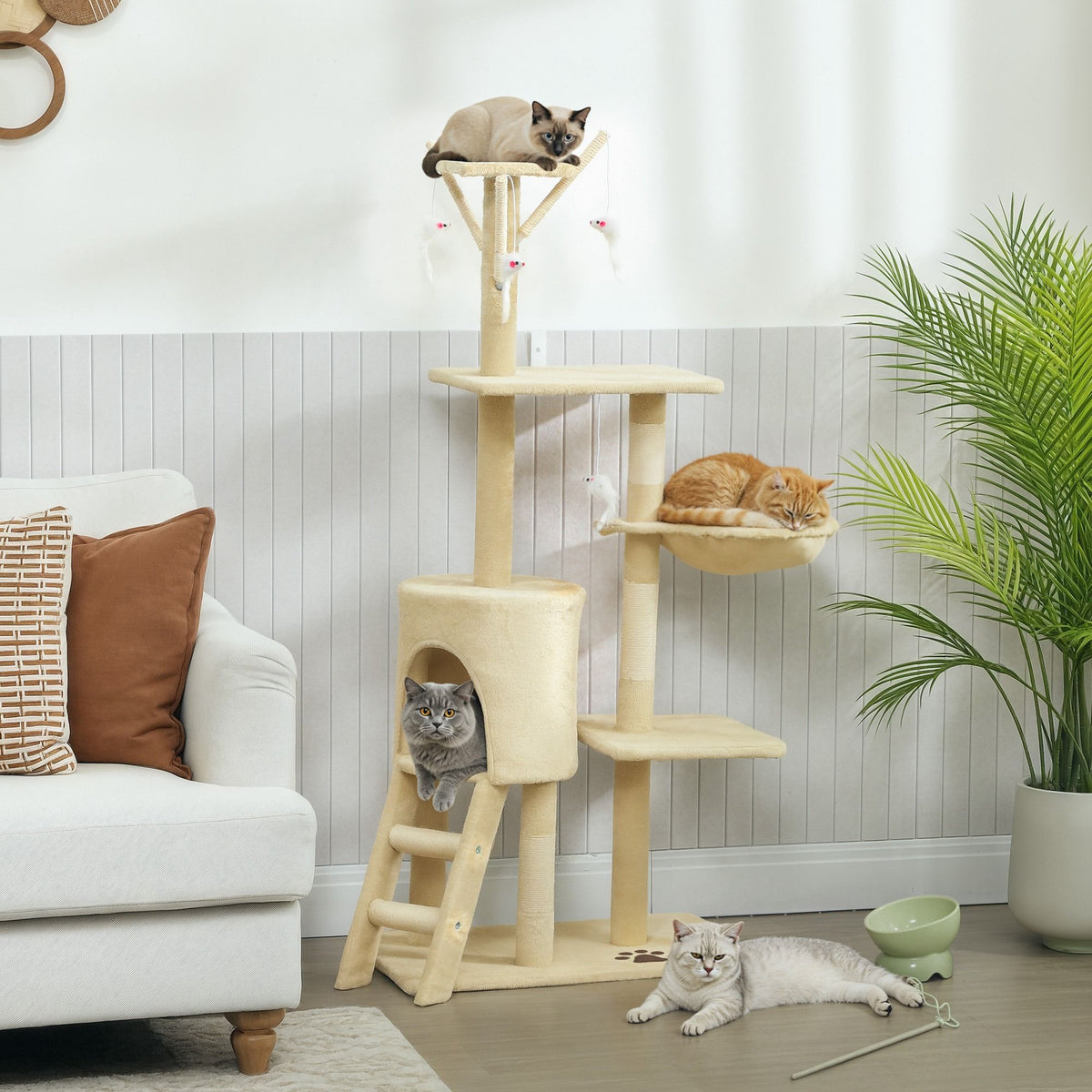 134cm Cat Tree for Indoor Cats with Hammock & Scratching Posts - Beige