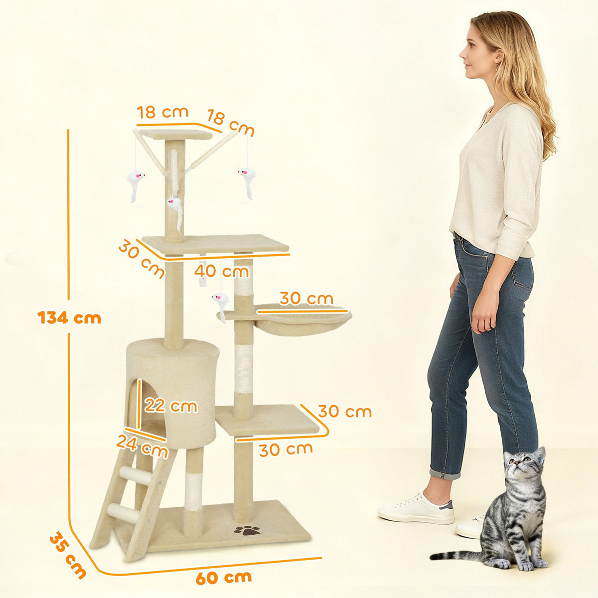 134cm Cat Tree for Indoor Cats with Hammock & Scratching Posts - Beige
