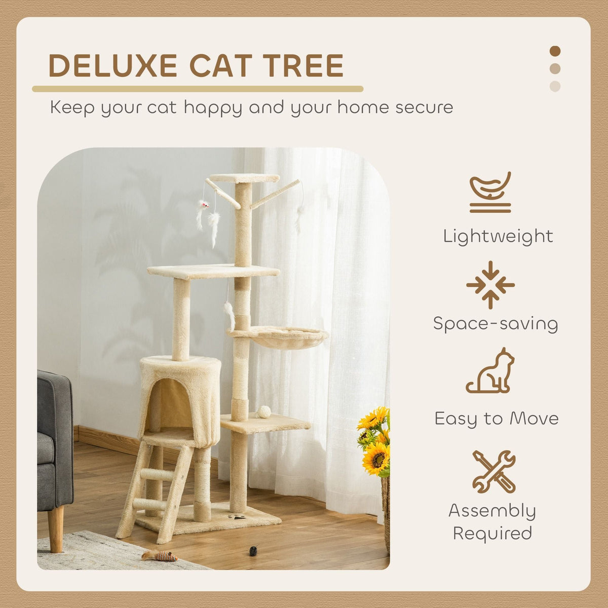 134cm Cat Tree for Indoor Cats with Hammock & Scratching Posts - Beige