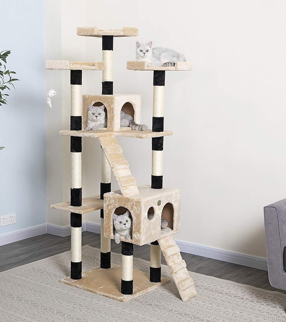 170cm Cat Tree Tower for Indoor Cats with Dual Condos & Plush - Beige