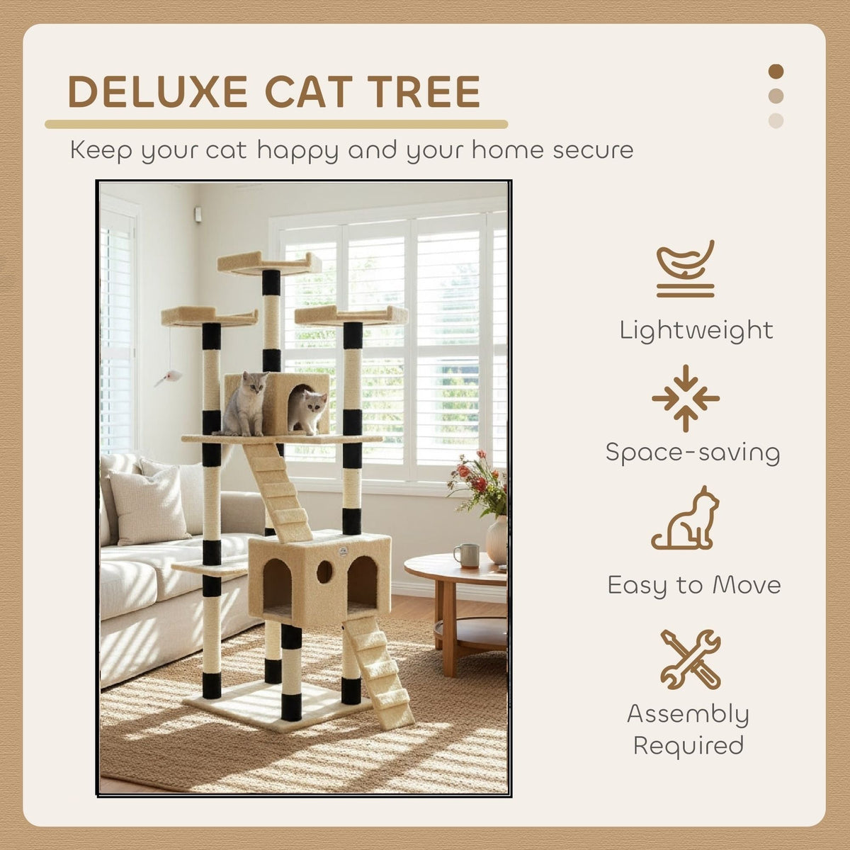 170cm Cat Tree Tower for Indoor Cats with Dual Condos & Plush - Beige