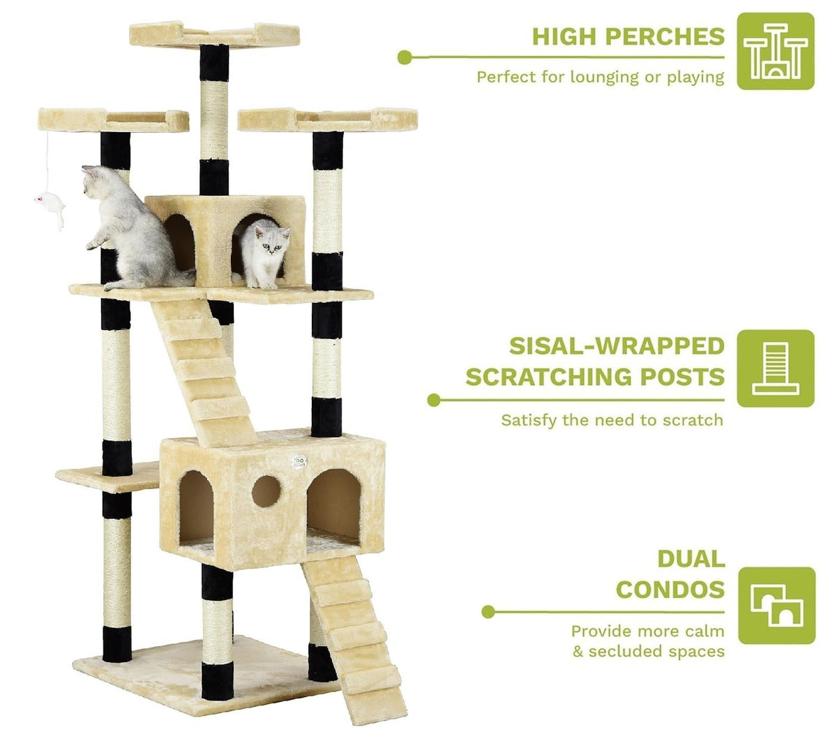 170cm Cat Tree Tower for Indoor Cats with Dual Condos & Plush - Beige